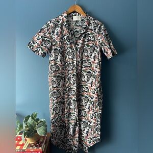 Button-Front Floral Midi Dress in White with Navy & Coral